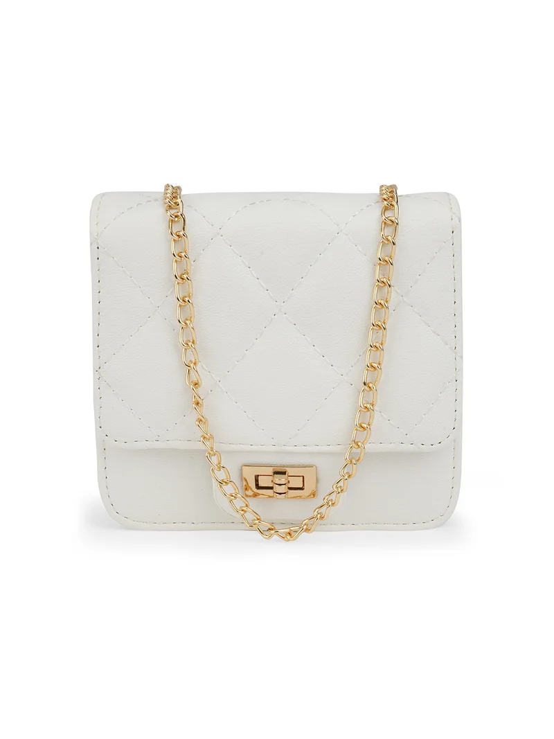 جلو باص Globus Women White Puffed Quilted Twistlock Small Square Party Sling Bag With Detachable Chain Strap